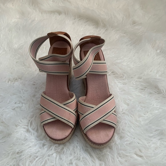 Tory Burch Frieda Pink/Tan Espadrille Wedge Sandal - Picture 4 of 9